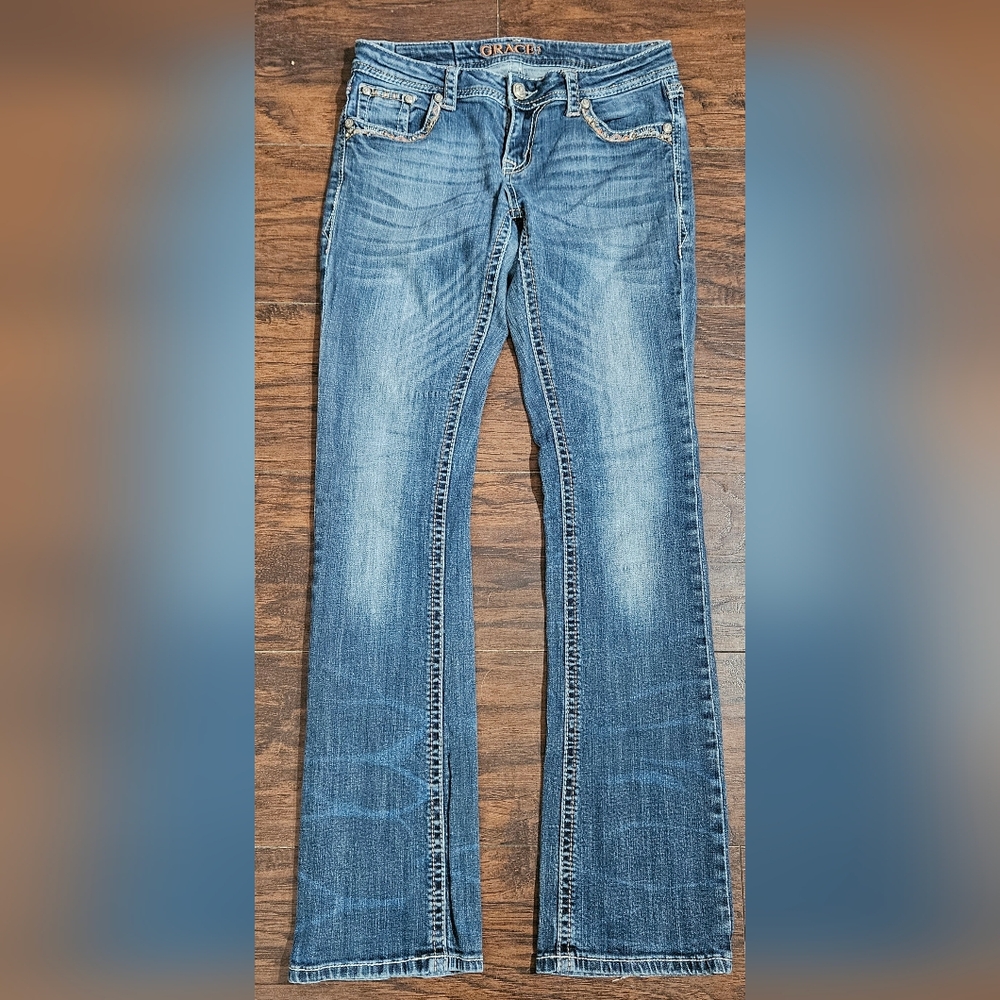 Grace in LA Women's Embroidered Pockets Stretch Bootcut Jeans Size 28